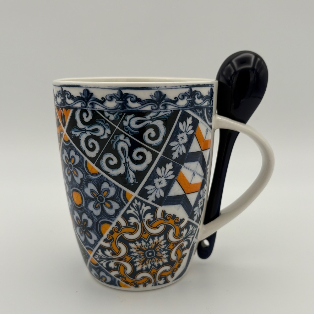 Portuguese Blue and Gold/Orange Ceramic Tile Mug with Spoon